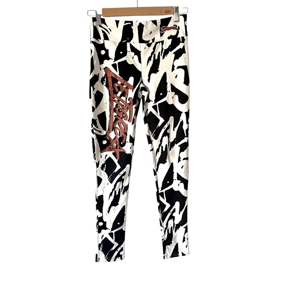Le Tigre Black White Stretch Leggings Sparkle Rhinestone Letters size medium